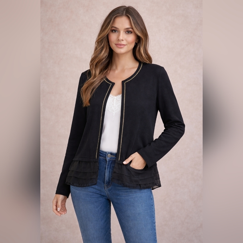 NWT Cyrus Black Formal Cardigan Sweater Gold Trim Ruffle Hem Size XL